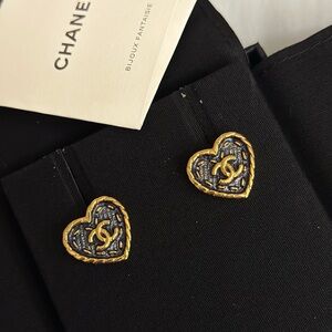 CHANEL Gold and Denim Metal Heart Earrings
